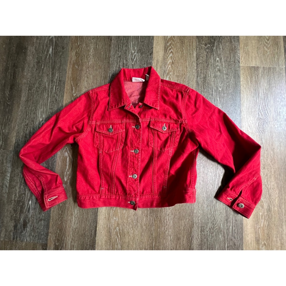 Liz Claiborne Denim Jacket Women Petite M Red Lizwear Jeans Trucker Cotton 3873